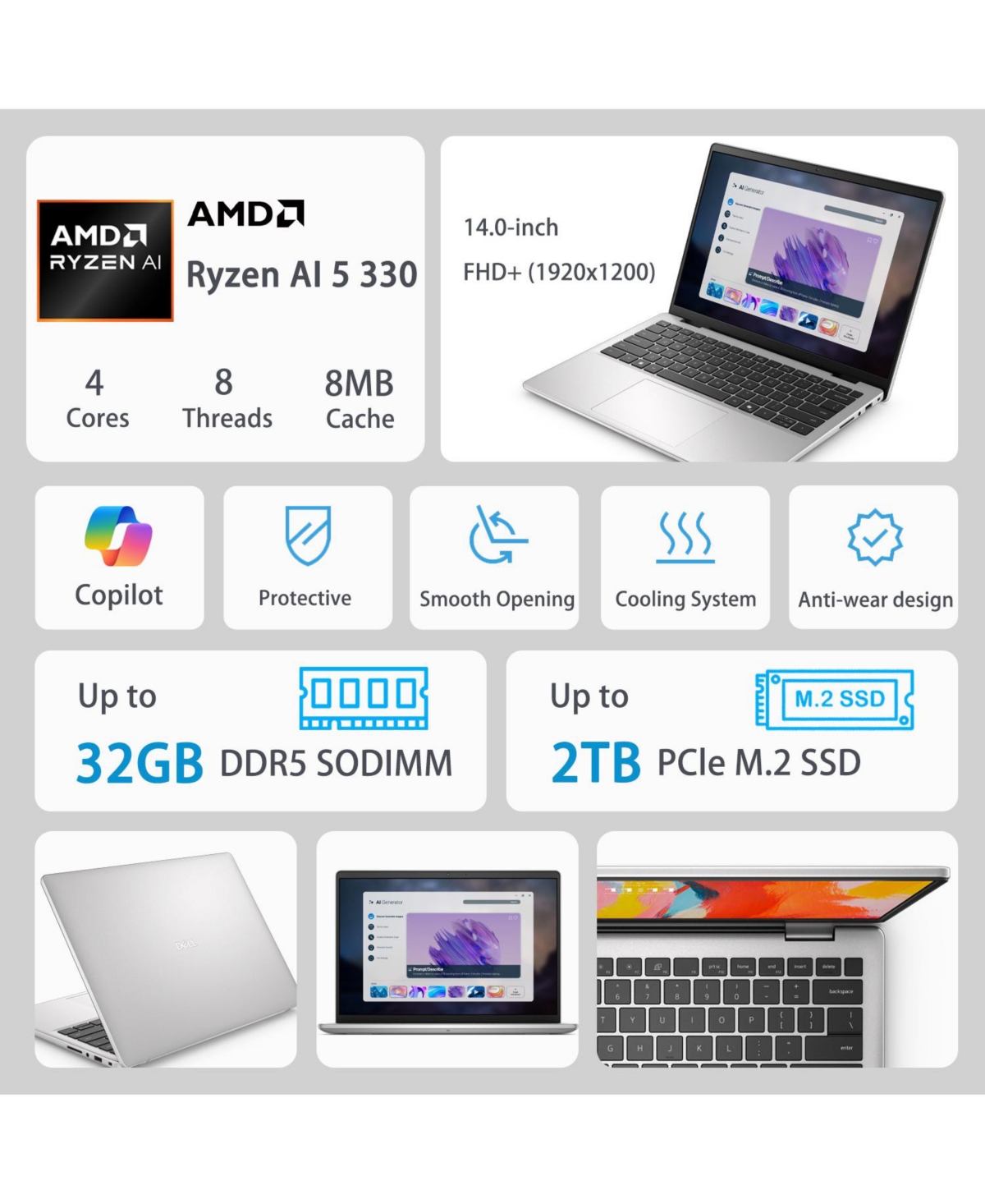Dell 14 14inch Traditional Laptop Amd Ryzen Ai 5 16GB Ram Amd Radeon Graphics 1TB Ssd Storage Windows 11 Home 60Hz