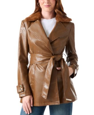 Women's Faux-Fur-Collared Belted Faux-Leather Trench Coat