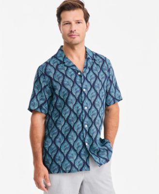 Men's Linen Leaf-Print Short-Sleeve Shirt