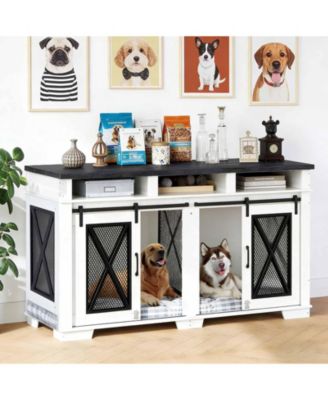 71'' Dual-Panel Cage, Double Layer Steel and Particleboard, Large Double Compartment Crate, Metal Wood Kennel, Indoor Outdoor Heavy Duty Cage