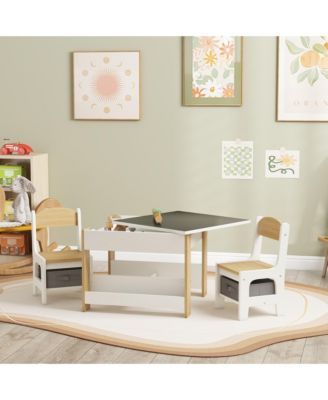 3-Piece Kids Table Chair Set, 2-in-1 Reversible Desktop with Chalkboard Storage and Bookshelf