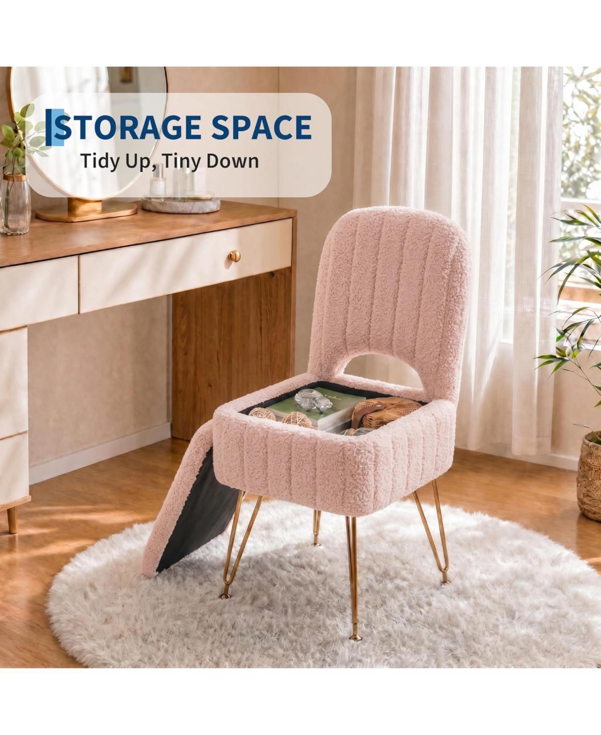 gaomon Vanity Stool Chair with Backrest, Square Ottoman with Hidden Storage Compartment, Soft Teddy Fabric