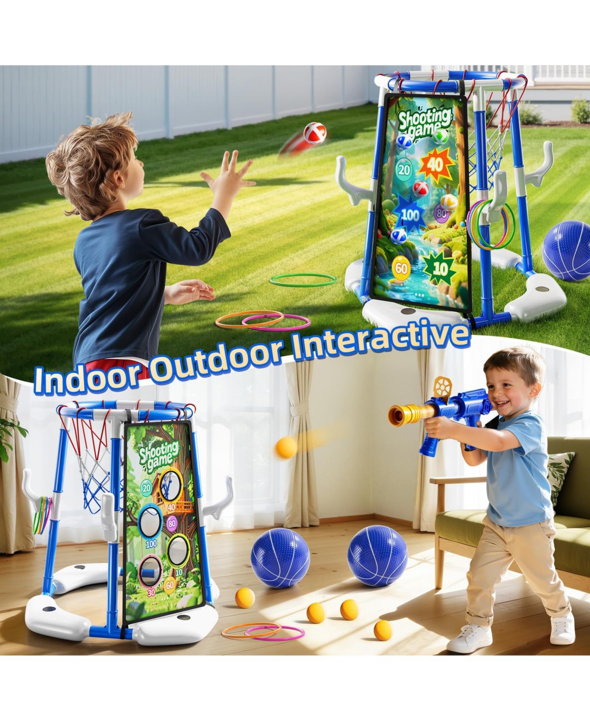 Gnuadz 4-in-1 Pool Basketball Hoop Floating Ring Game With Balls Air Pump Launcher For Kids