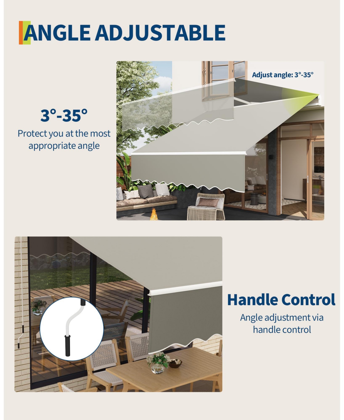 homfan Manual Retractable Patio Awning with Waterproof Canopy, Aluminum Frame, and Adjustable Crank for Outdoor Shade