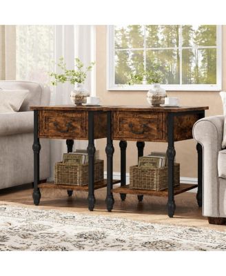 Set of 2 Industrial End Tables – Metal Frame Side Tables with Drawer and Storage Shelf, Vintage Wood Top for Bedroom or Living Room