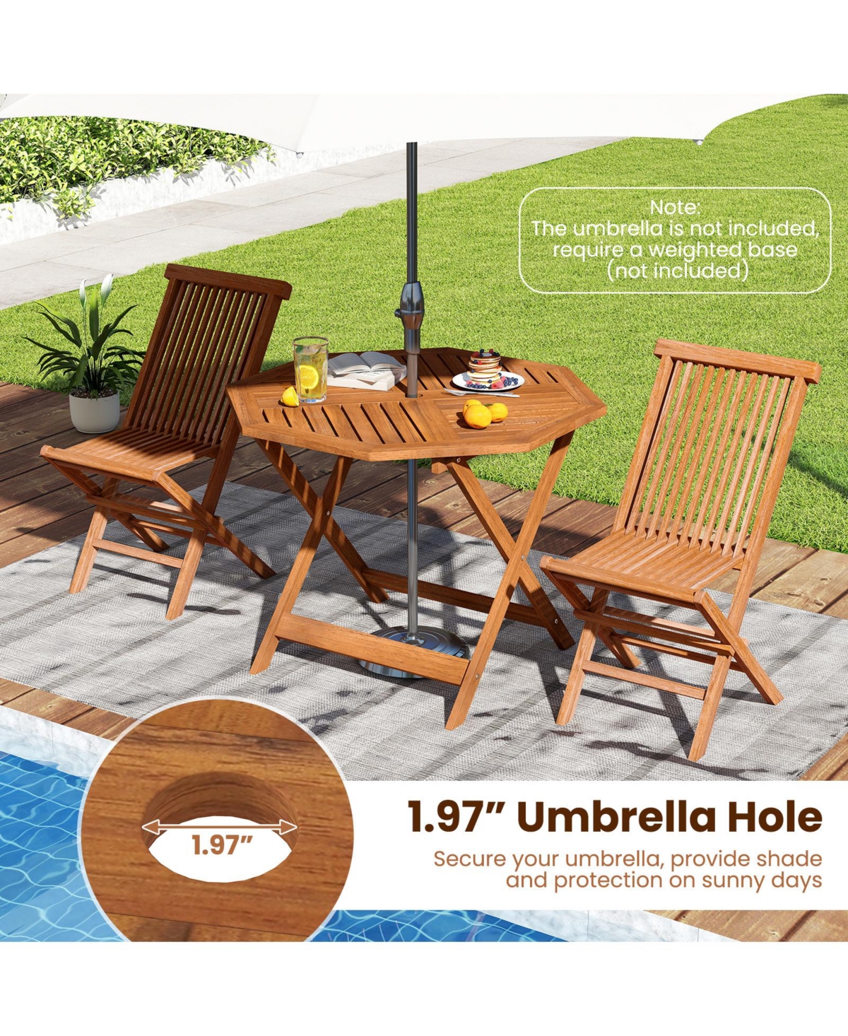 Gymax 2 Piece Solid Wood Patio Dining Table with Umbrella Hole Slatted Tabletop