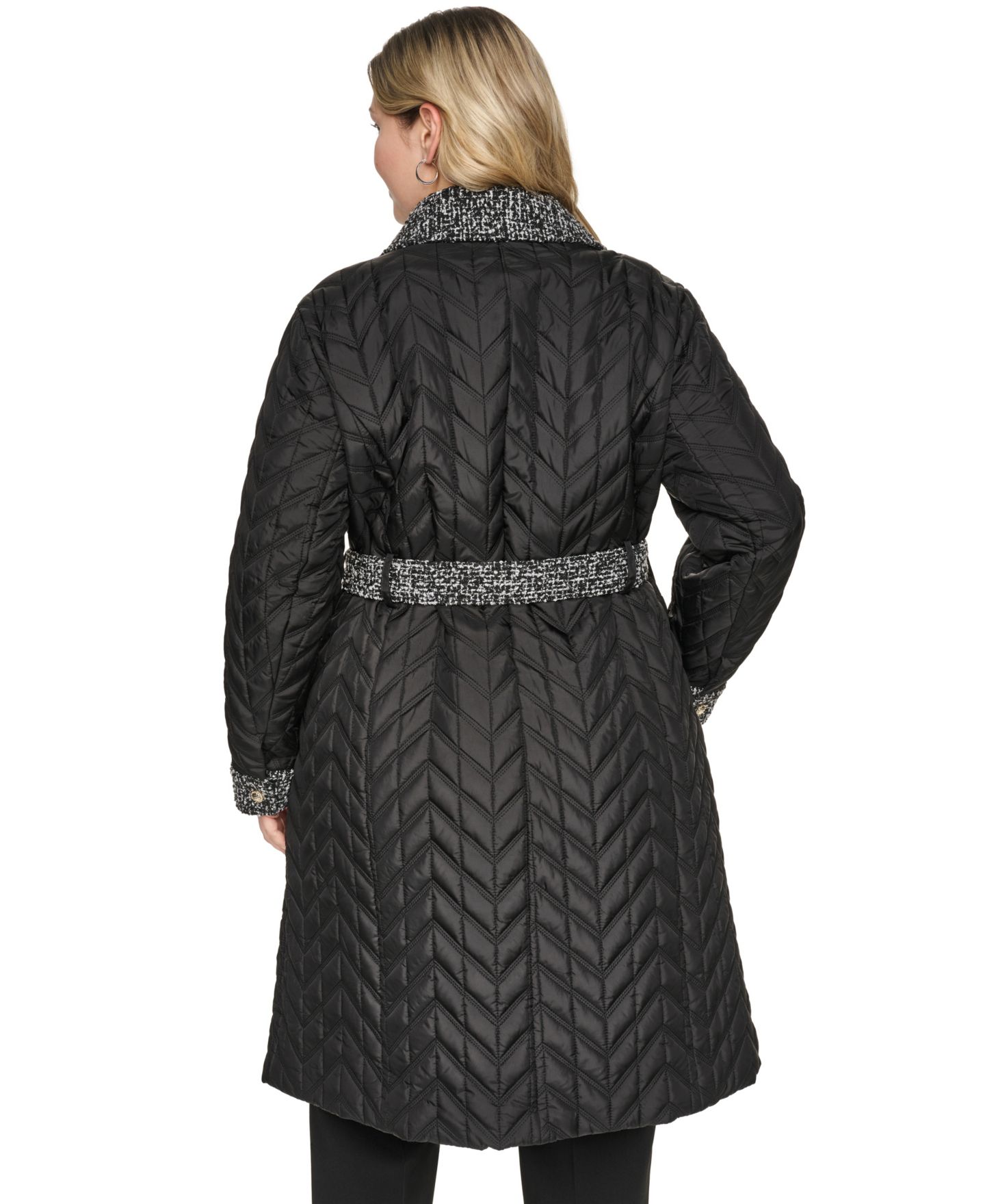 Женское пальто KARL LAGERFELD PARIS Plus Size Long Quilted Tweed-Trim, цвет: Чёрный — фото 4
