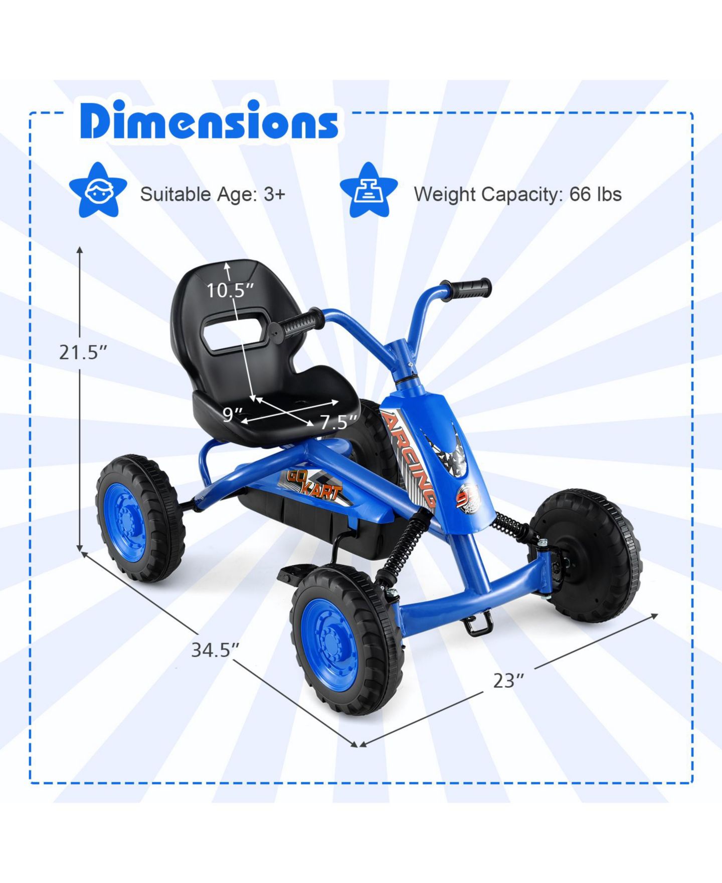 Детская игрушка Gymax Go Kart 4-Wheel Pedal Ride-On, 66 Lb. Capacity, Ages 3+, цвет: Тёмно-синий — фото 3