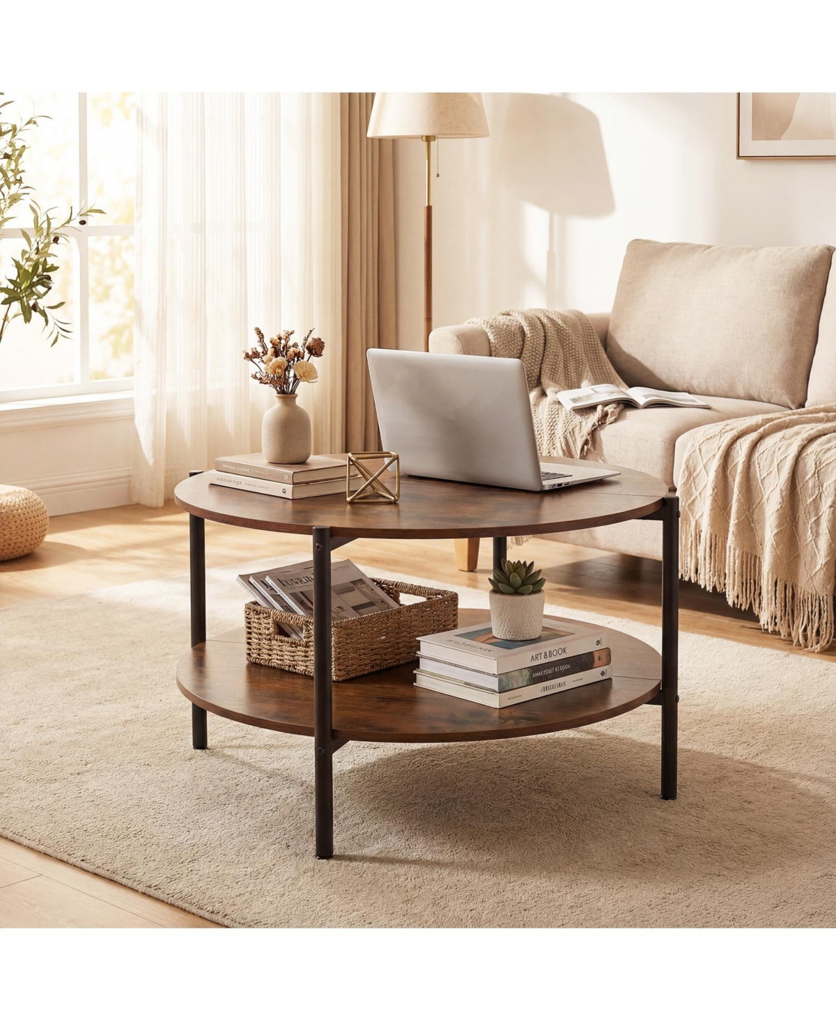 Gymax Round Coffee Table with Open Storage Shelf Circle Cocktail Table for Living Rooms