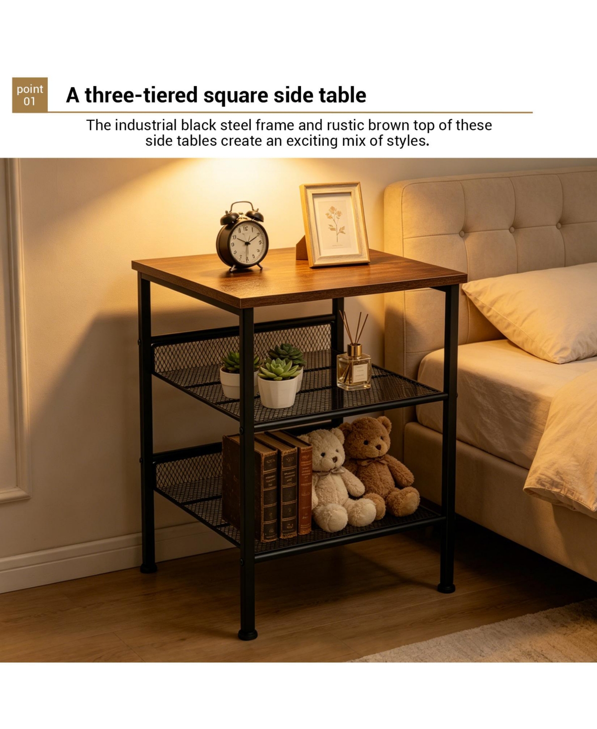 homfan 2-Piece 3-Tier Square End Table Set, Industrial Side Tables with Mesh Shelves and Metal Frame