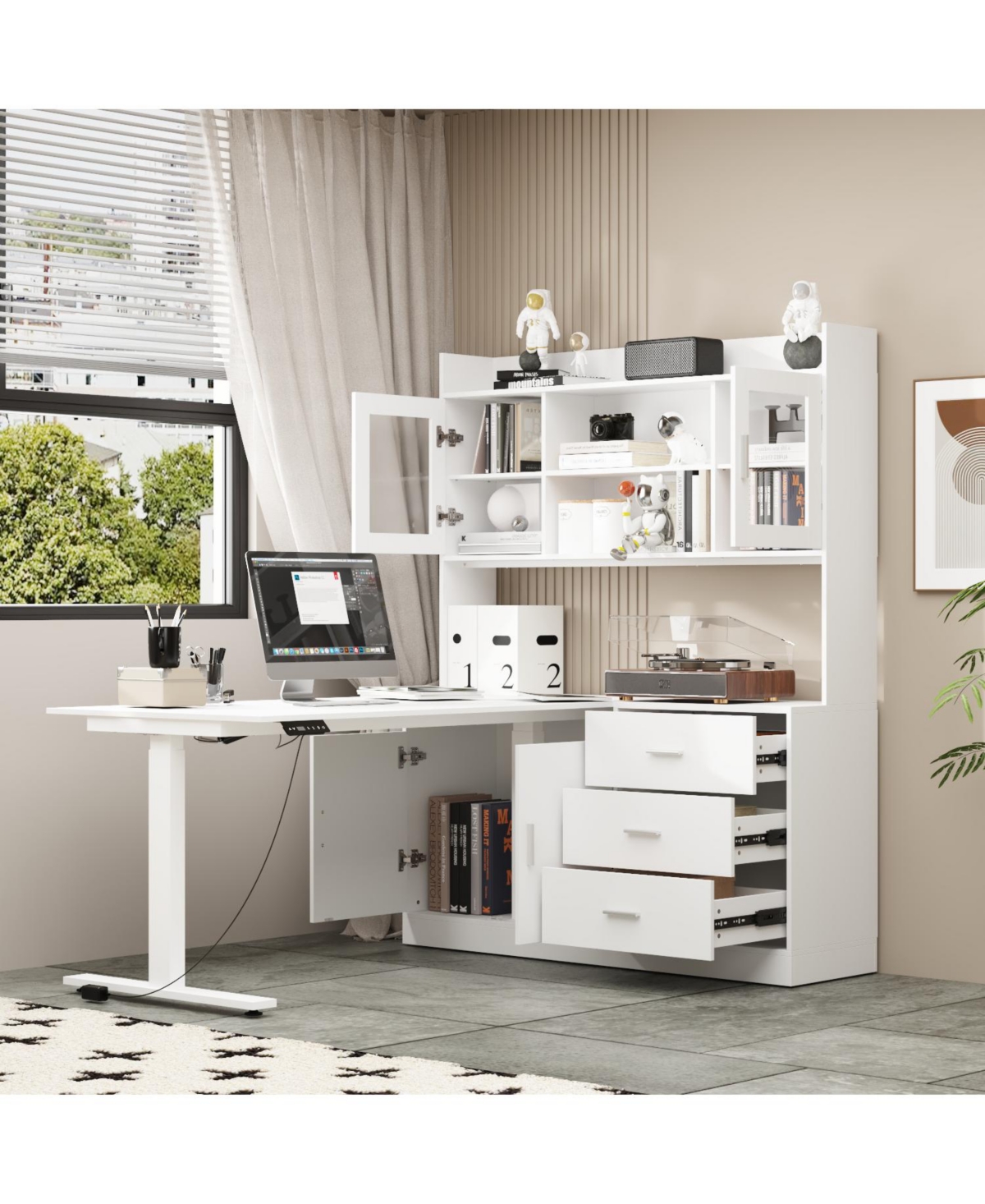 Homsee 60-Inch L-Shaped Electric Height Adjustable Corner Desk with Storage - Standing Desk with Silver Pulls | Includes 69-Inch Tall Bookcase Hutch