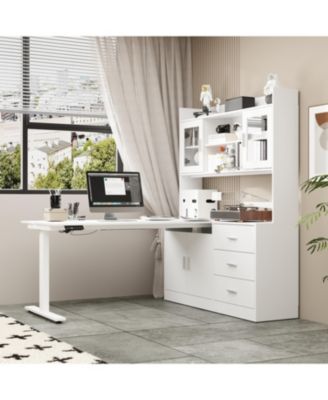 60-Inch L-Shaped Electric Height Adjustable Corner Desk with Storage - Standing Desk with Silver Pulls | Includes 69-Inch Tall Bookcase Hutch
