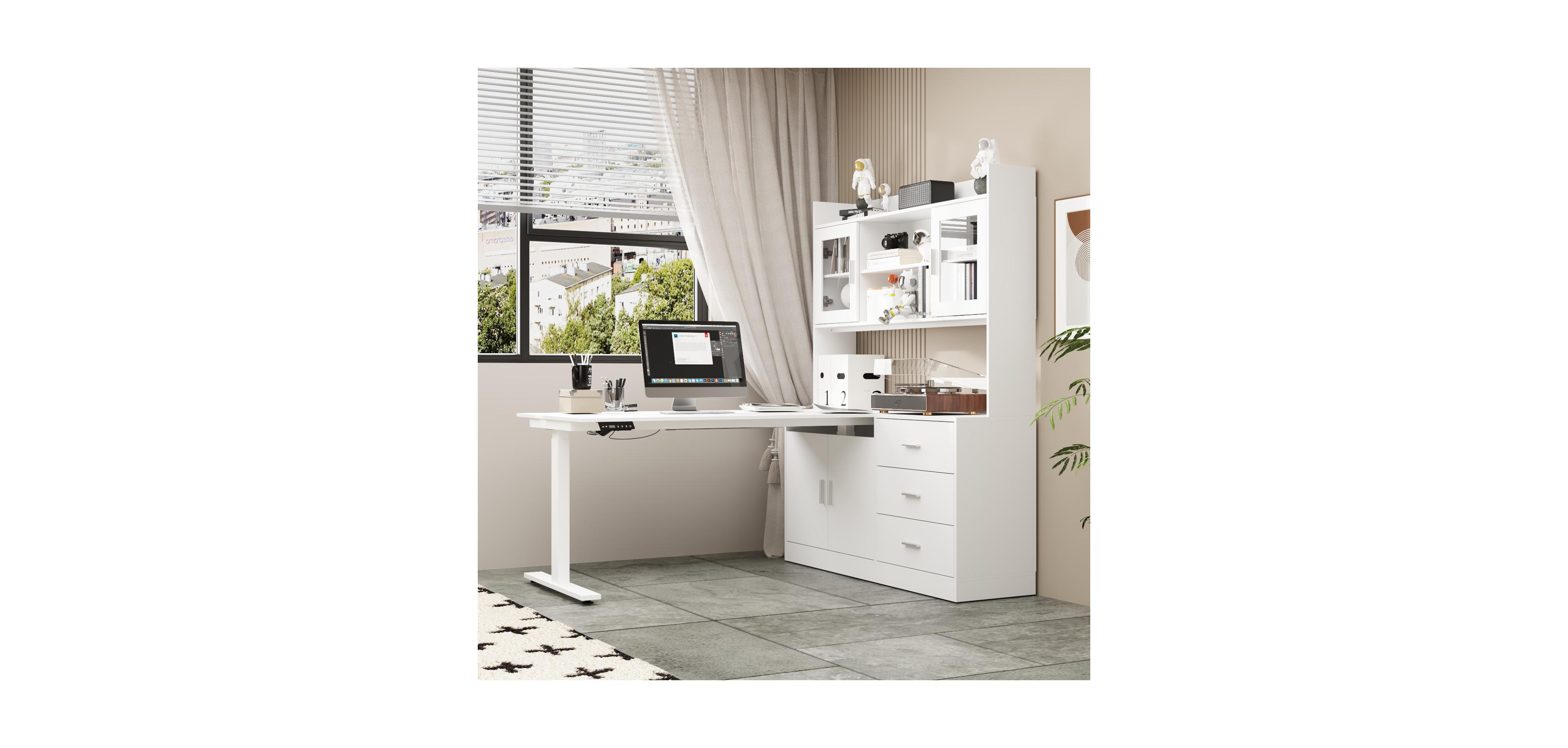 Homsee 60-Inch L-Shaped Electric Height Adjustable Corner Desk with Storage - Standing Desk with Silver Pulls | Includes 69-Inch Tall Bookcase Hutch