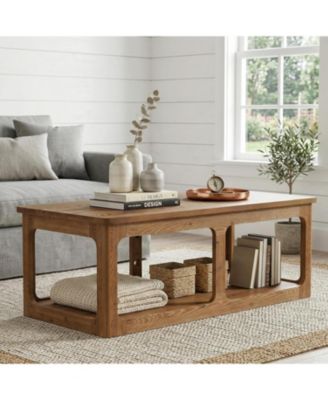 Rectangle Coffee Table, 47.24-Inch Solid Wood Center Table with 2-Tier Storage Shelf, Easy Assembly