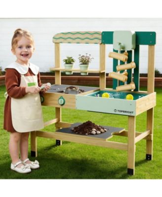 4 In 1 Mud Kitchen Pretend Play Toy For Kids Wooden Outdoor Playhouse Water Sand Play, Cooking Gardening Playset With Accessories Table Set