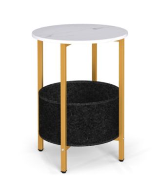Modern Round End Table 2-Tier with Fabric Storage Basket and Metal Base