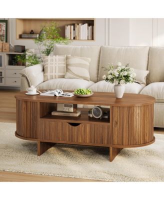 Oval Coffee Table, 47.2" Fluted Coffee Table with Storage, Center Table with Drawer and Sliding Doors, Indoor Living Room Table for Small Spaces