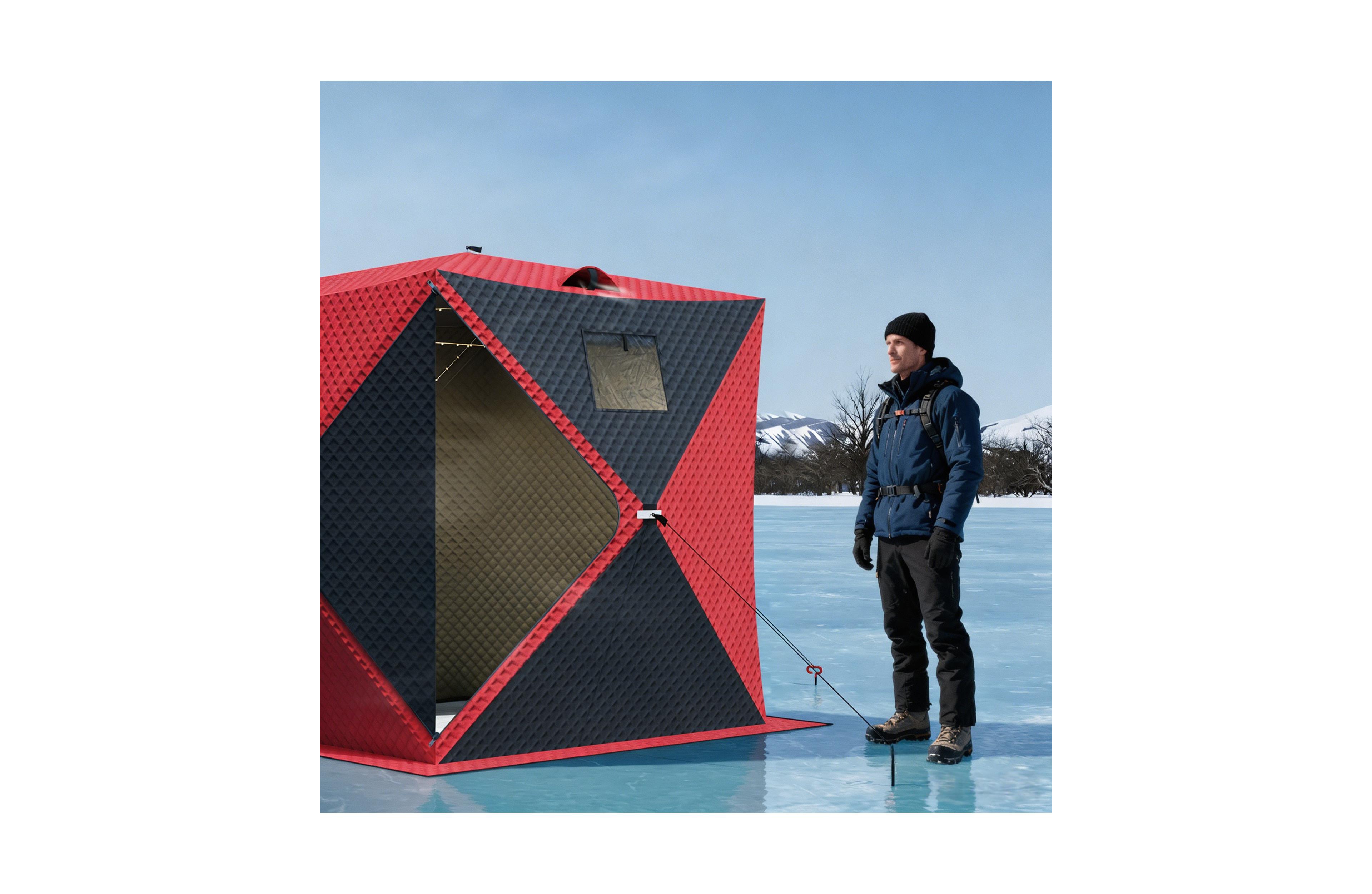 homfan 142 x 71 78 Inch Ice Fishing Shelter with Led Lights, Insulated Winter Tent Double Zipper Doors for Lake