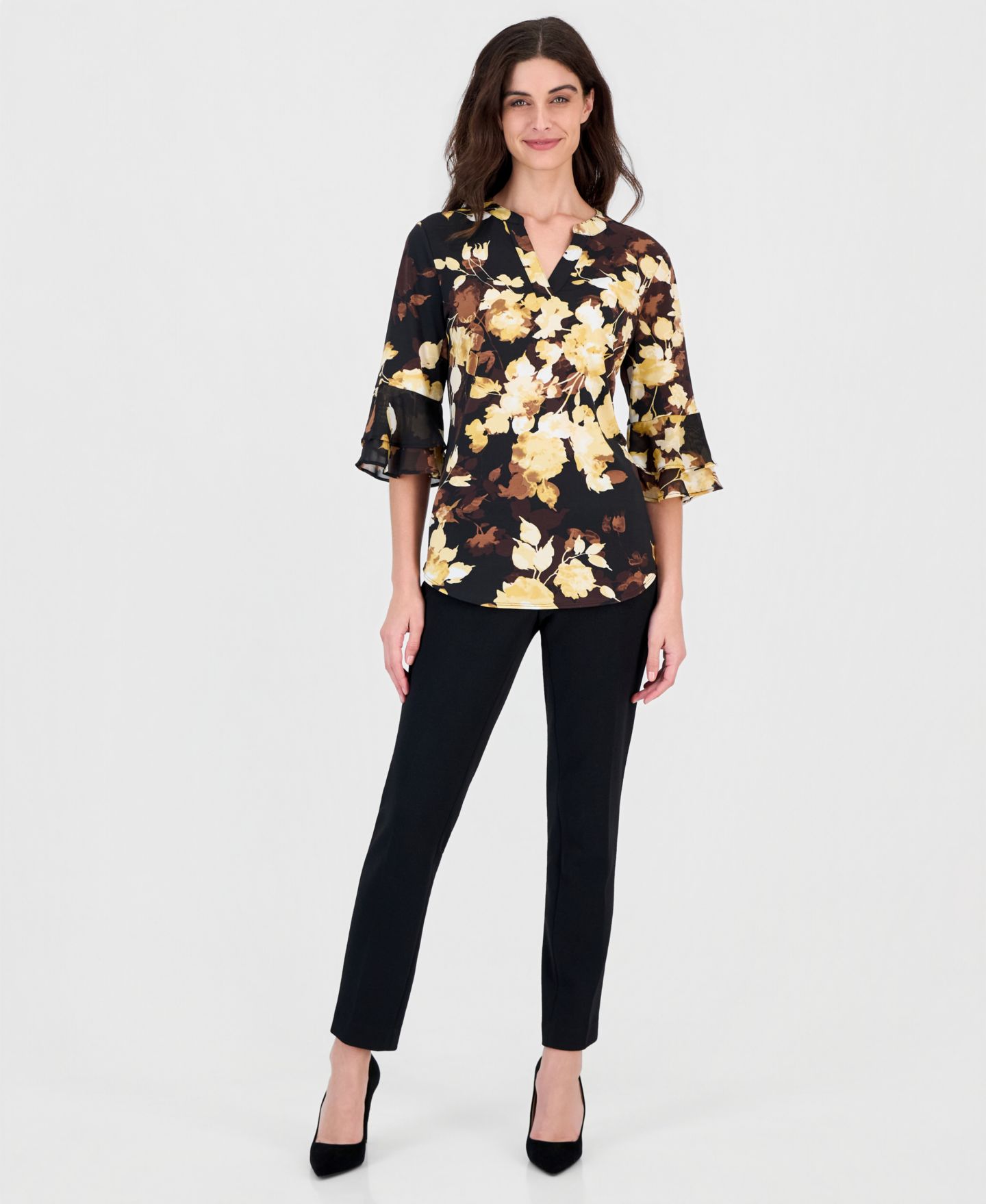 Женский топ Kasper Chiffon Floral-Print Split Neck Tunic, цвет: Сепия разноцветный — фото 2