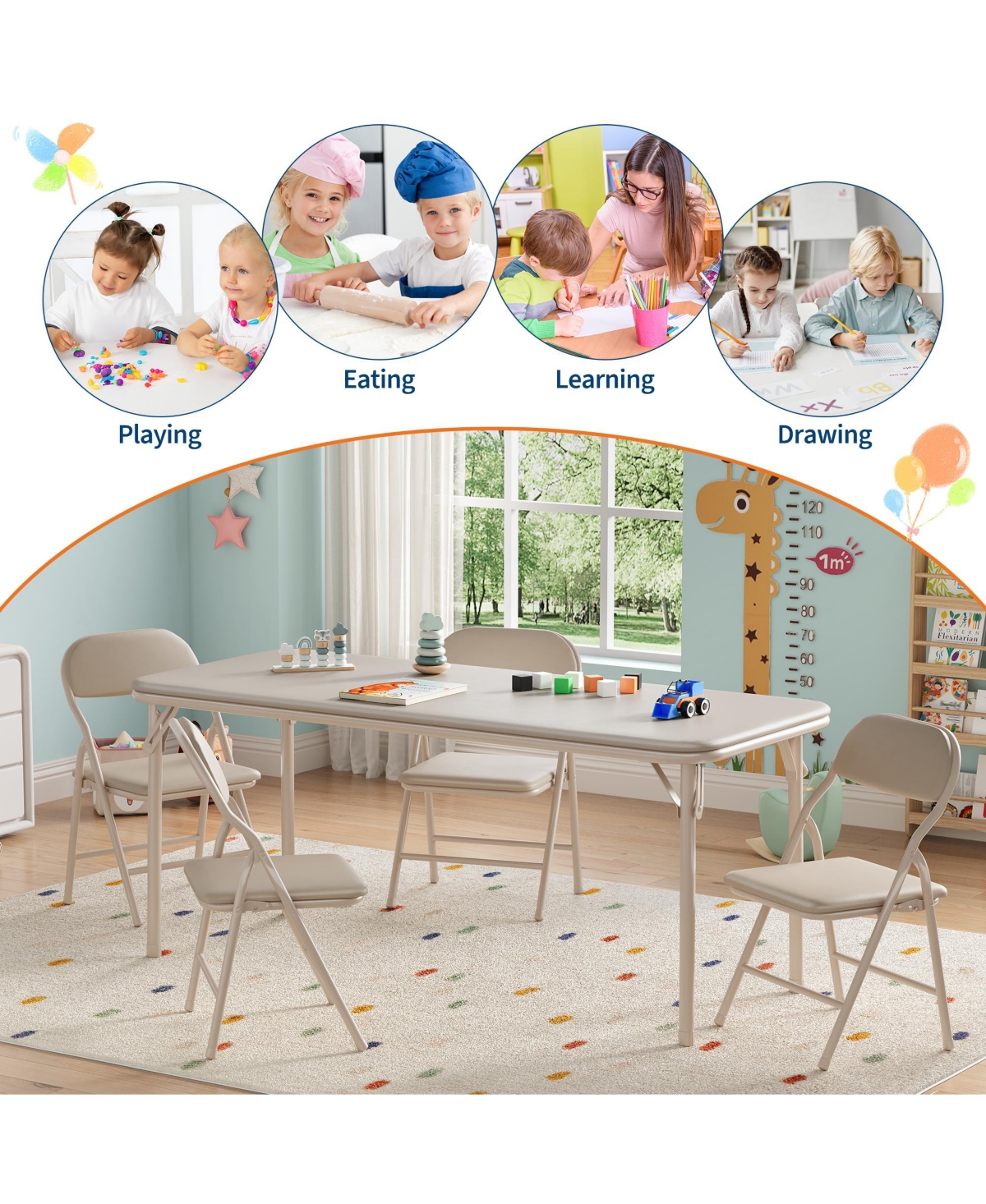 homfan Piece Folding Kids Table and Chairs Set