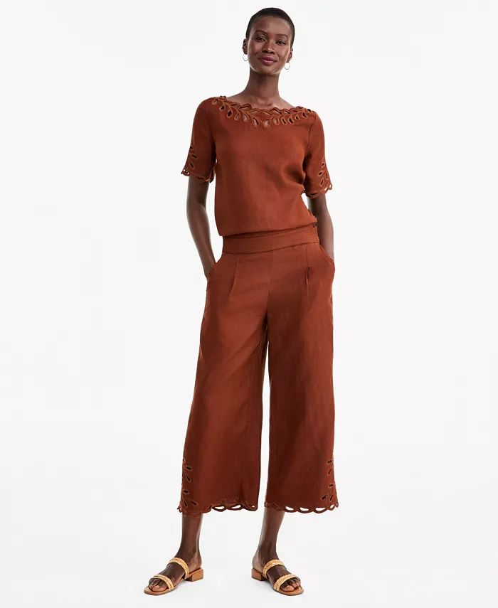 Women's Linen Eyelet-Hem Cropped Wide-Leg Pants