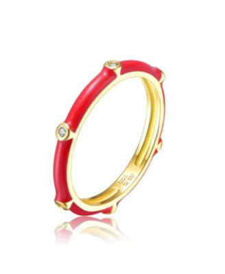 Dainty 14k Gold Plated CZ and Enamel Bamboo Elegant Slim Band Ring