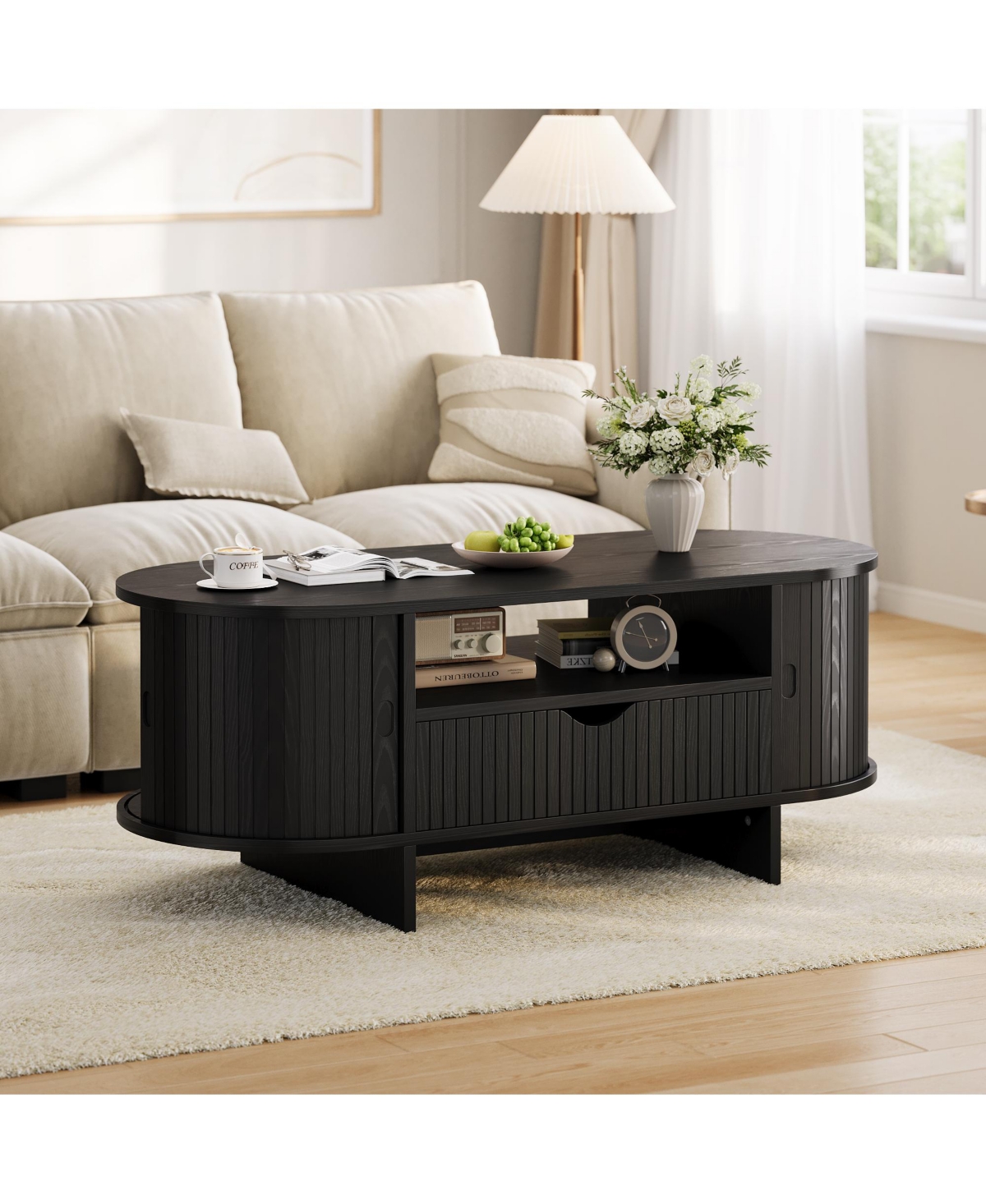 Oval Coffee Table, 47.2" Fluted Table with Storage, Center Drawer and Sliding Doors, Indoor Living Room for Small Spaces