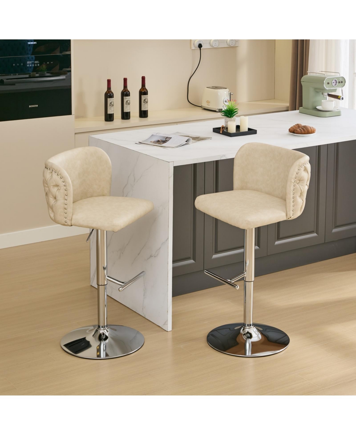 Clihome Swivel Barstools Adjusatble Seat Height With Chrome Base, Modern Pu Upholstered Bar Stools with the whole Back Tufted