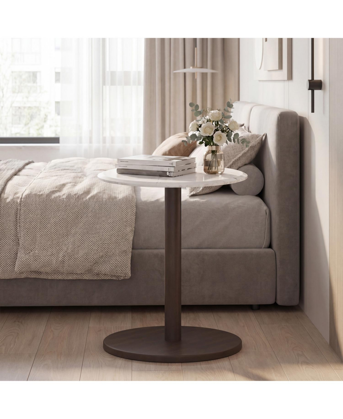 Slickblue Marble Top Round End Table with Wooden Pedestal for Living Room