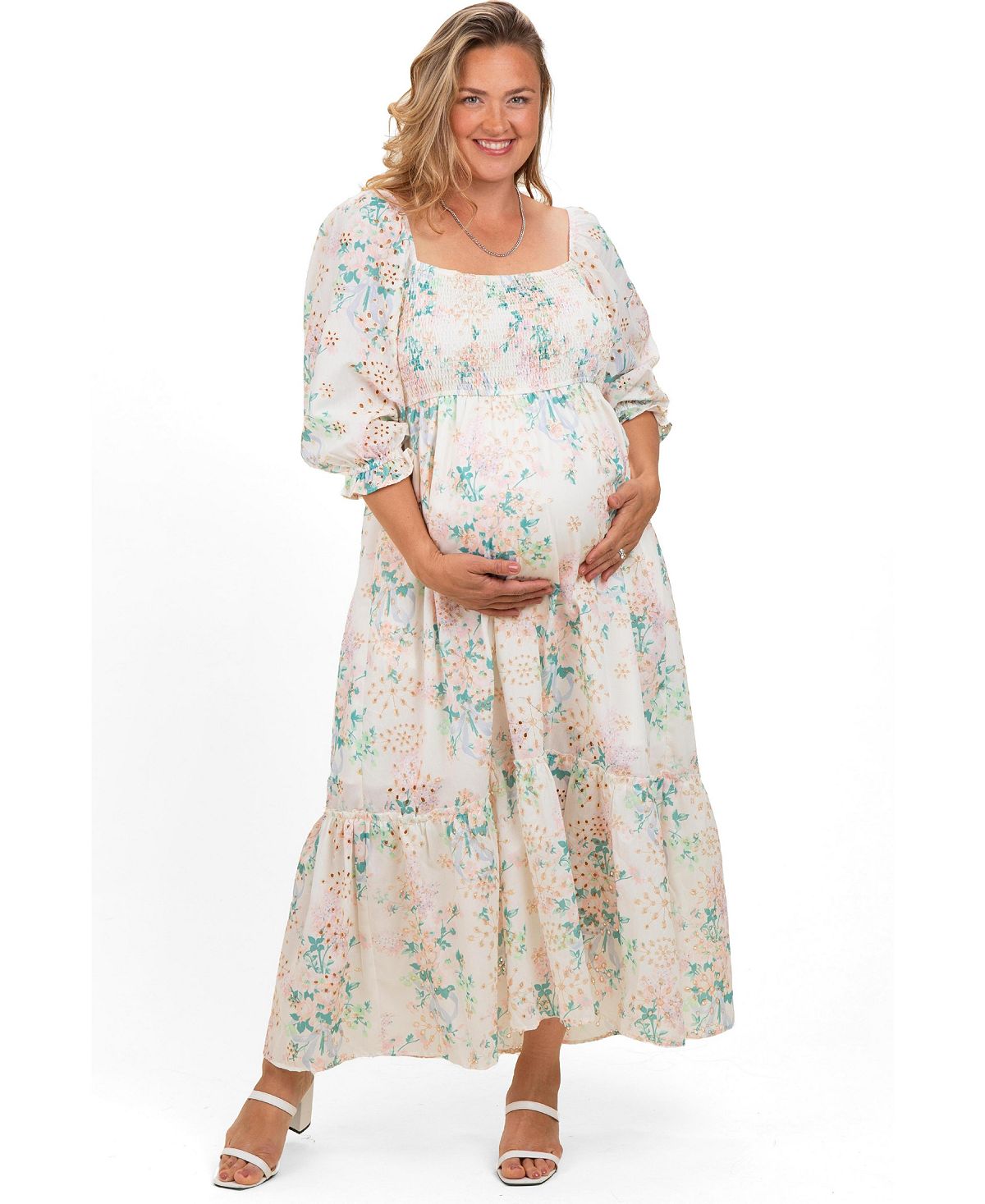 Pinkblush Plus Size Ivory Floral Smocked 3/4 Sleeve Maxi Dress view 1 — MAYCSS fashion products