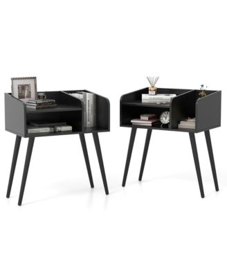 Set of 2 Mid Century Modern End Table with Open Shelves Metal Support Legs