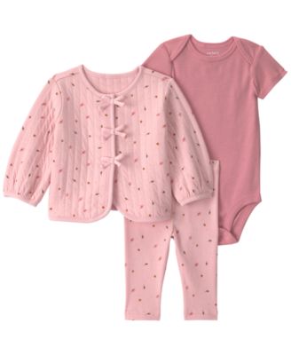 Baby Girls' Leaves Pattern Long-Sleeve Cardigan, Bodysuit and Pants, 3-Piece Set