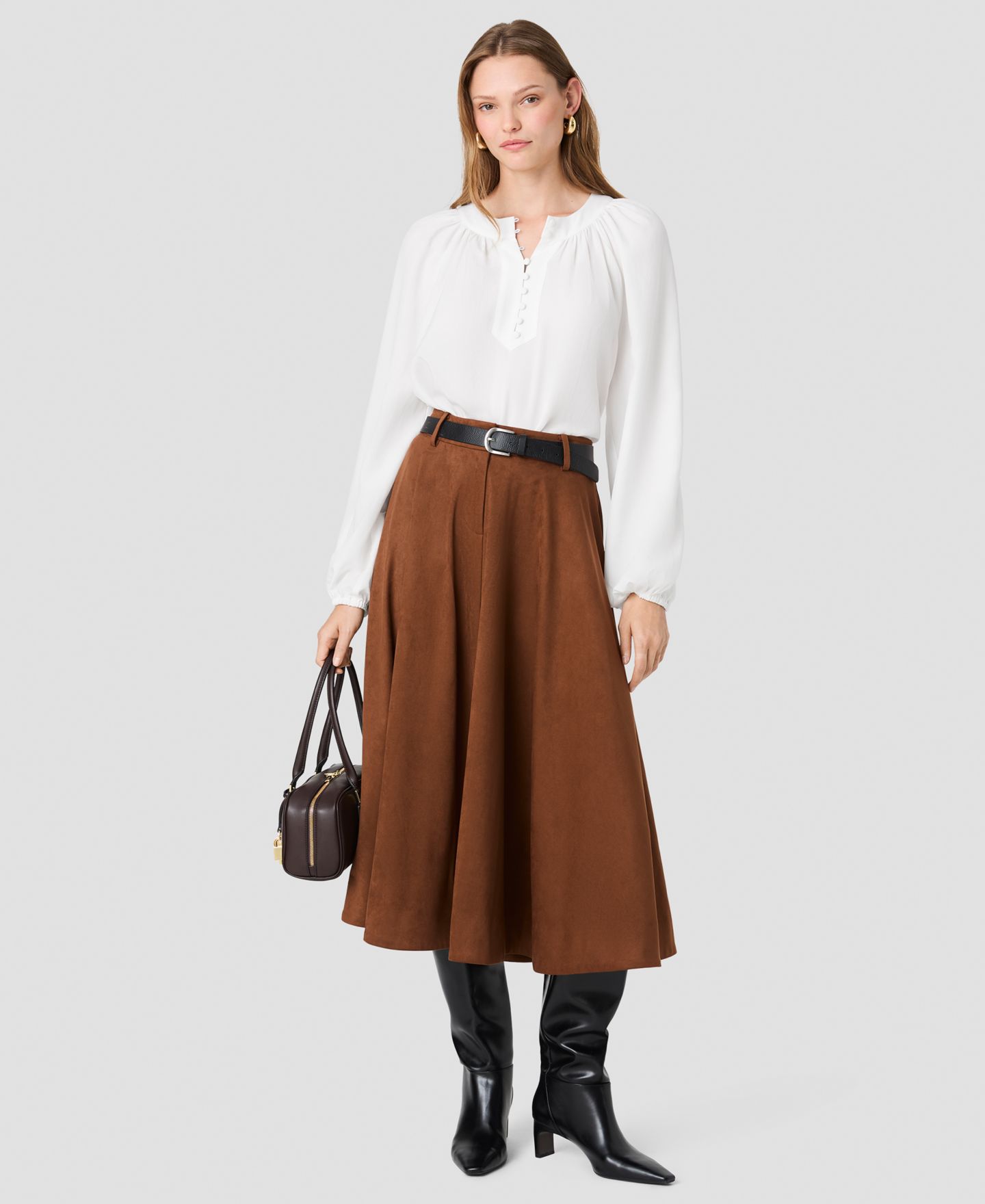 Женская юбка French Connection Sonja Flare Midi, цвет: Каштановый коричневый — фото 9