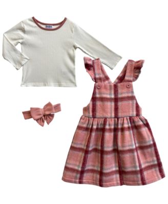Girls' 2T-6X Long-Sleeve Top and Plaid Jumper Dress and Matching Bow Headband, 3-Piece Set