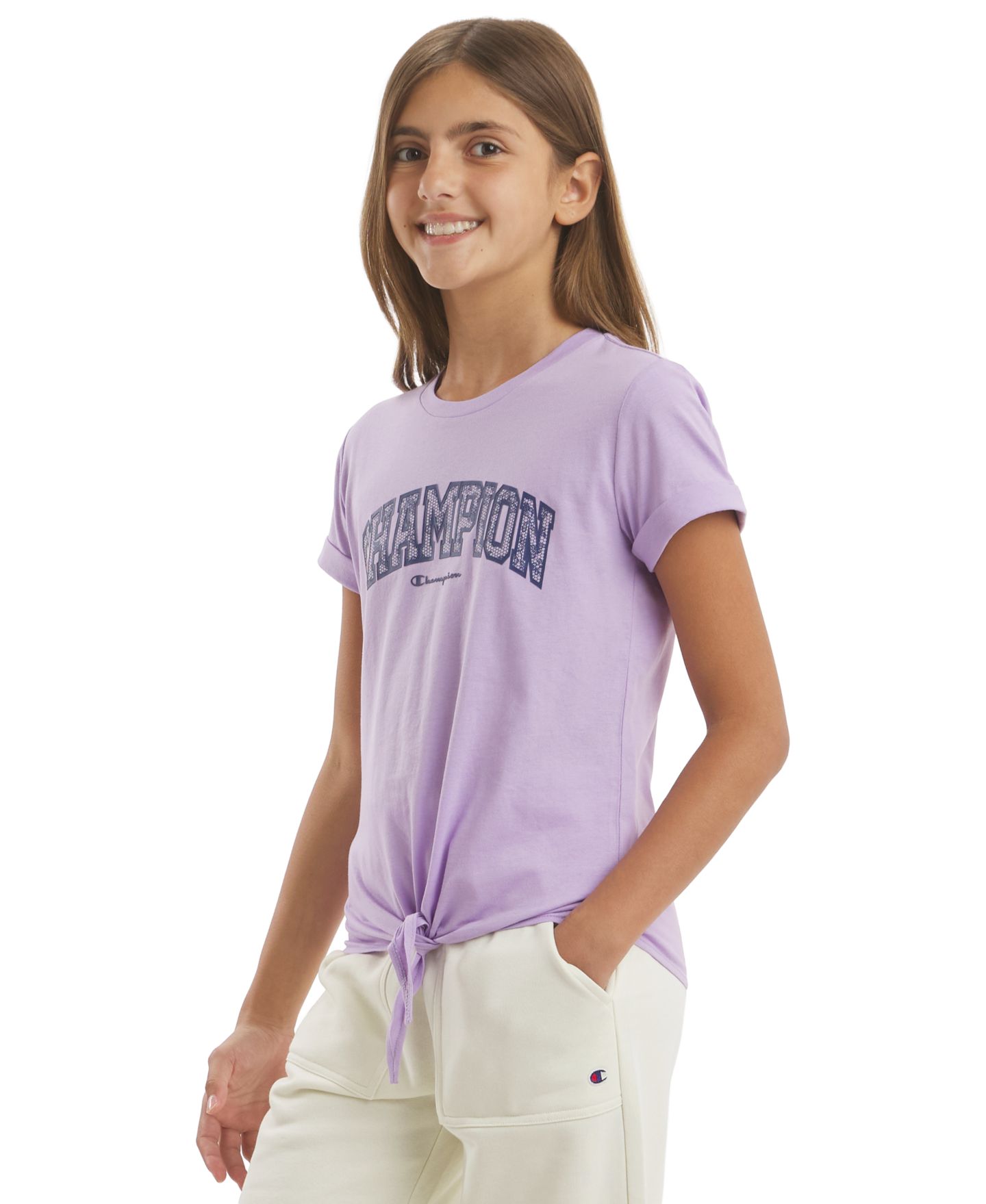 Футболка Champion Tie Front Graphic Short-Sleeve T-Shirt для девочек, цвет: Фиолетовый розовый — фото 2