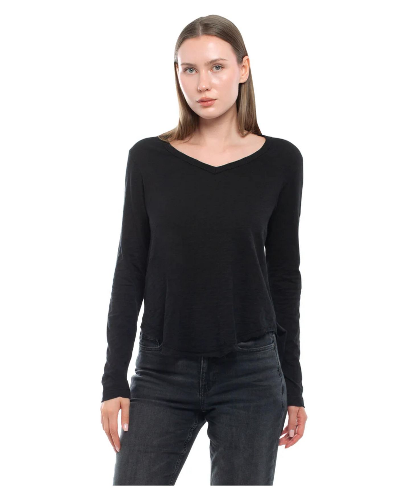 Женская футболка WILT Long Sleeve V-Neck Raw Hem Shirttail, цвет: Чёрный — фото 1