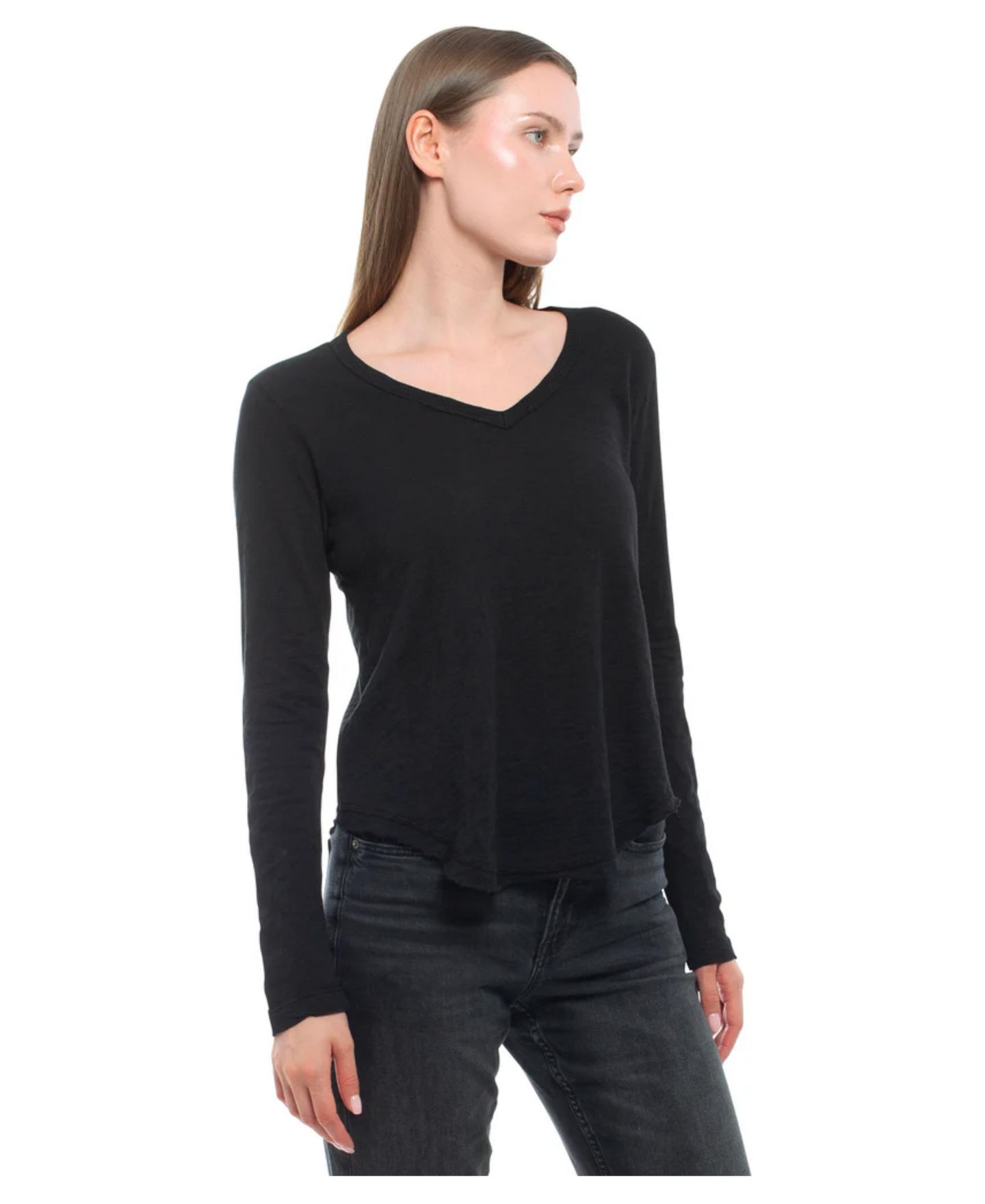 Женская футболка WILT Long Sleeve V-Neck Raw Hem Shirttail, цвет: Чёрный — фото 3
