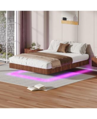 Floating Bed Frame with LED Lights, Fluted Wave Curve Wood Floating Bed Frame, with Heavy Duty Metal Slats - No Box Spring Needed