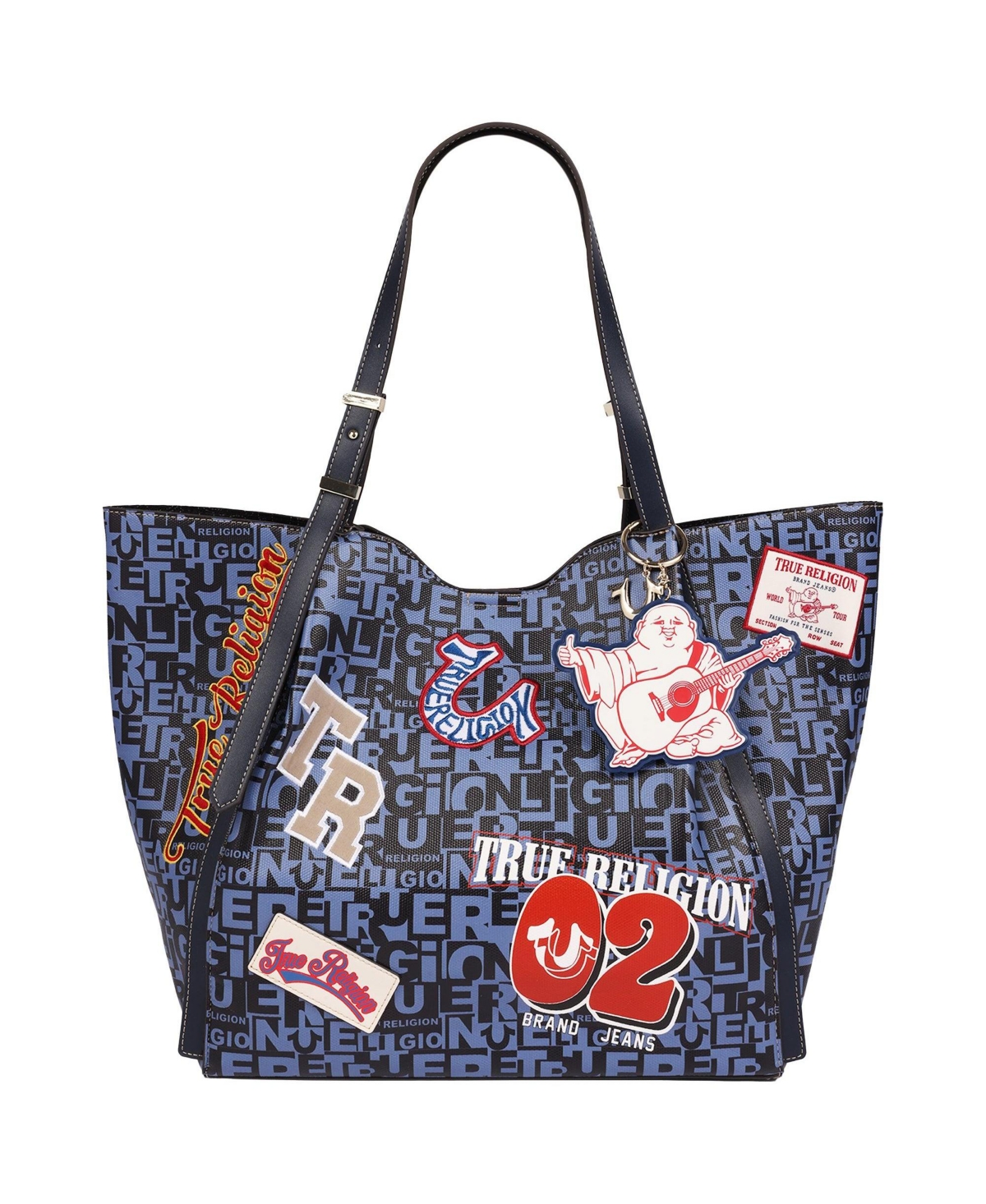 True Religion Women's Multi Patch Graphic Tote Bag with Buddha Charm and Adjustable Shoulder Straps