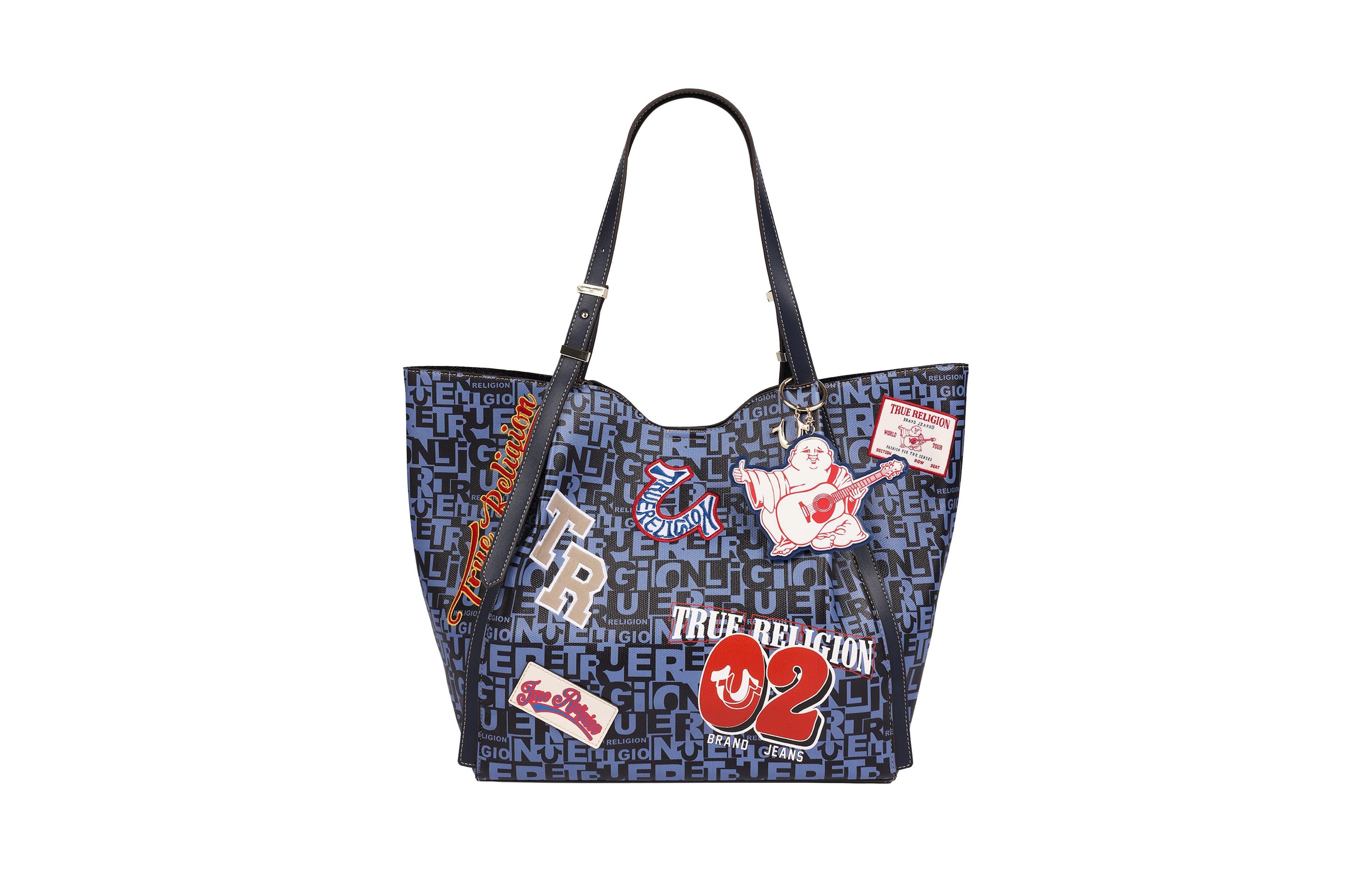 True Religion Women's Multi Patch Graphic Tote Bag with Buddha Charm and Adjustable Shoulder Straps