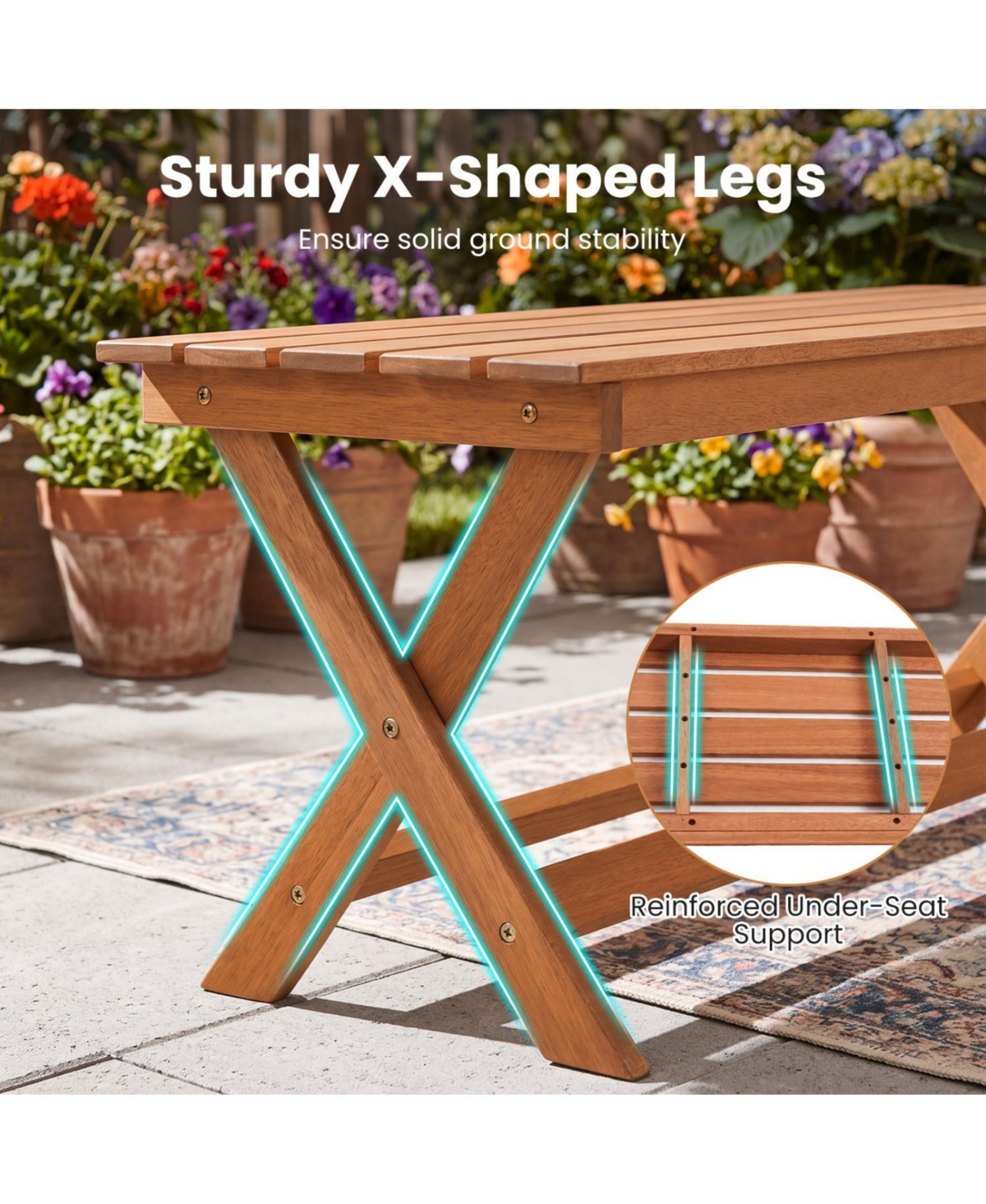 Slickblue Set of 2 Wooden Patio Bench for 2 People with X-Shaped Legs and Slatted Seat