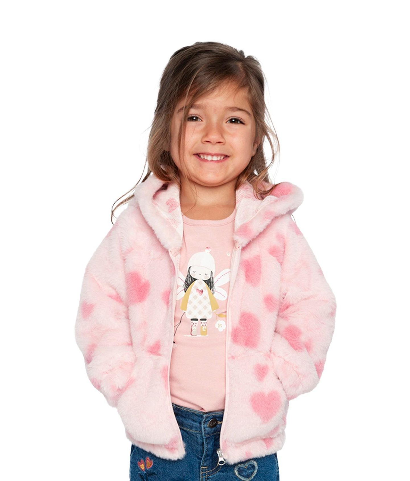 Куртка Deux par Deux Hooded Full Zip Faux Fur Jacket Printed with Hearts для девочек-малышей, цвет: Розовый — фото 3