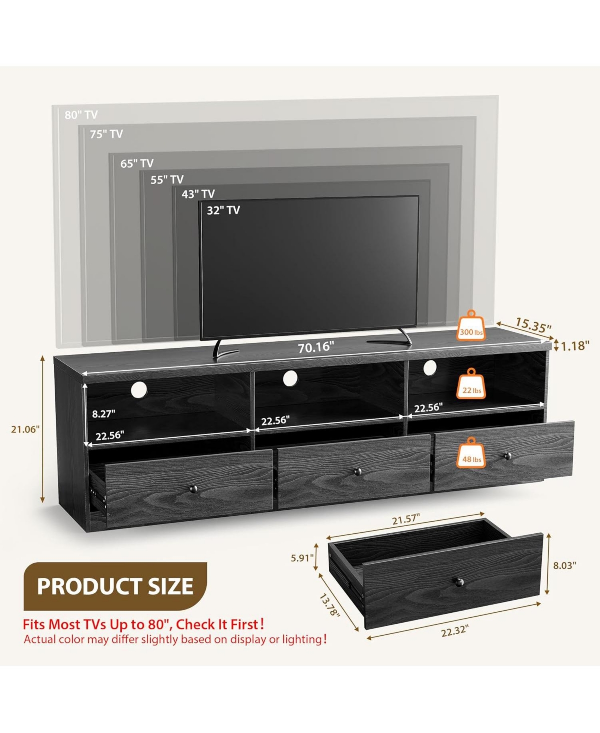 gaomon Tv Stand for Up to 80inch TVs, Entertainment Center with Triple Shield Defense and Oversized Drawer