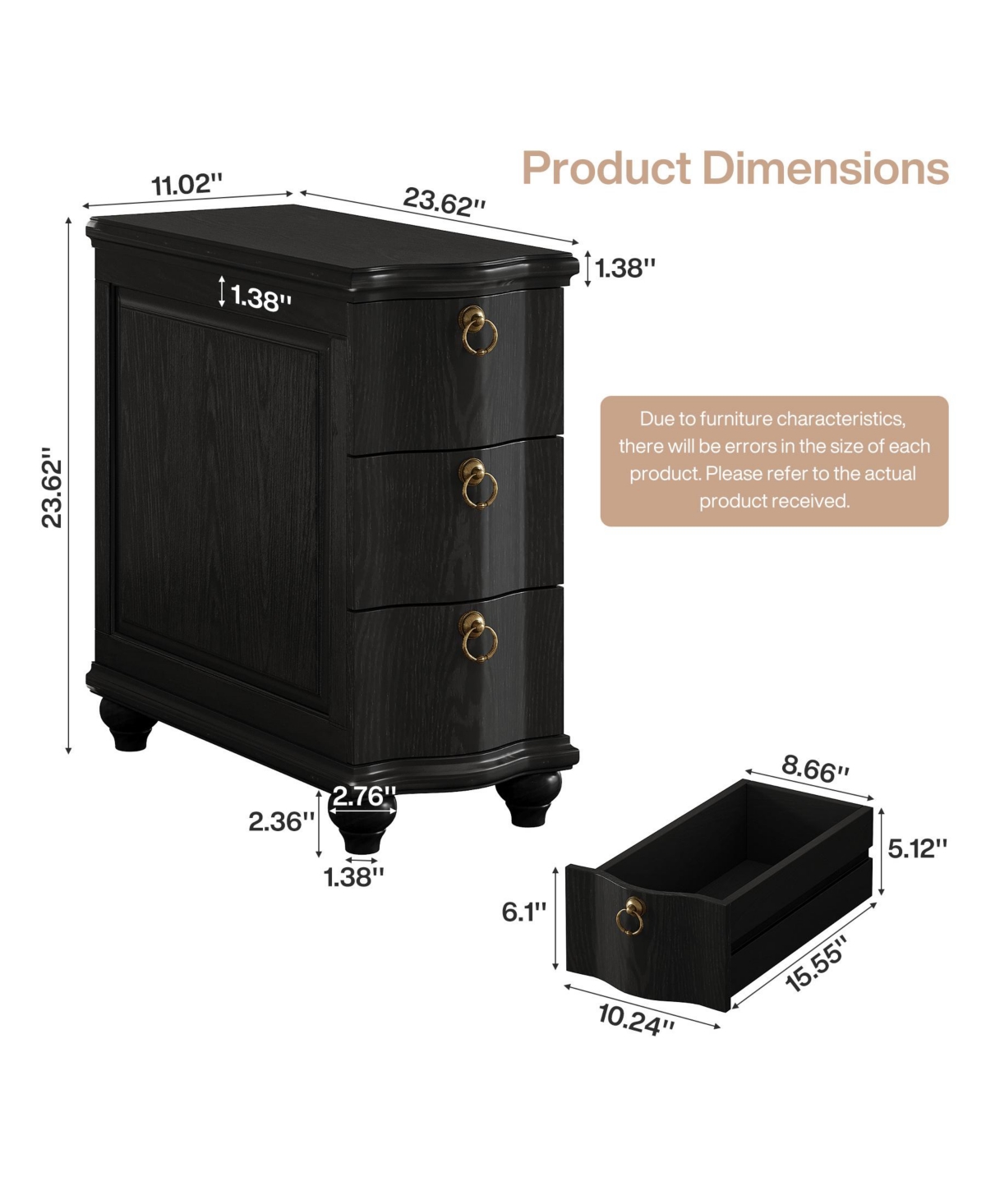 Tribesigns Wood Fully Assembled End Table, 3-Drawers Narrow Slim Side No Assembly Required, Nightstand