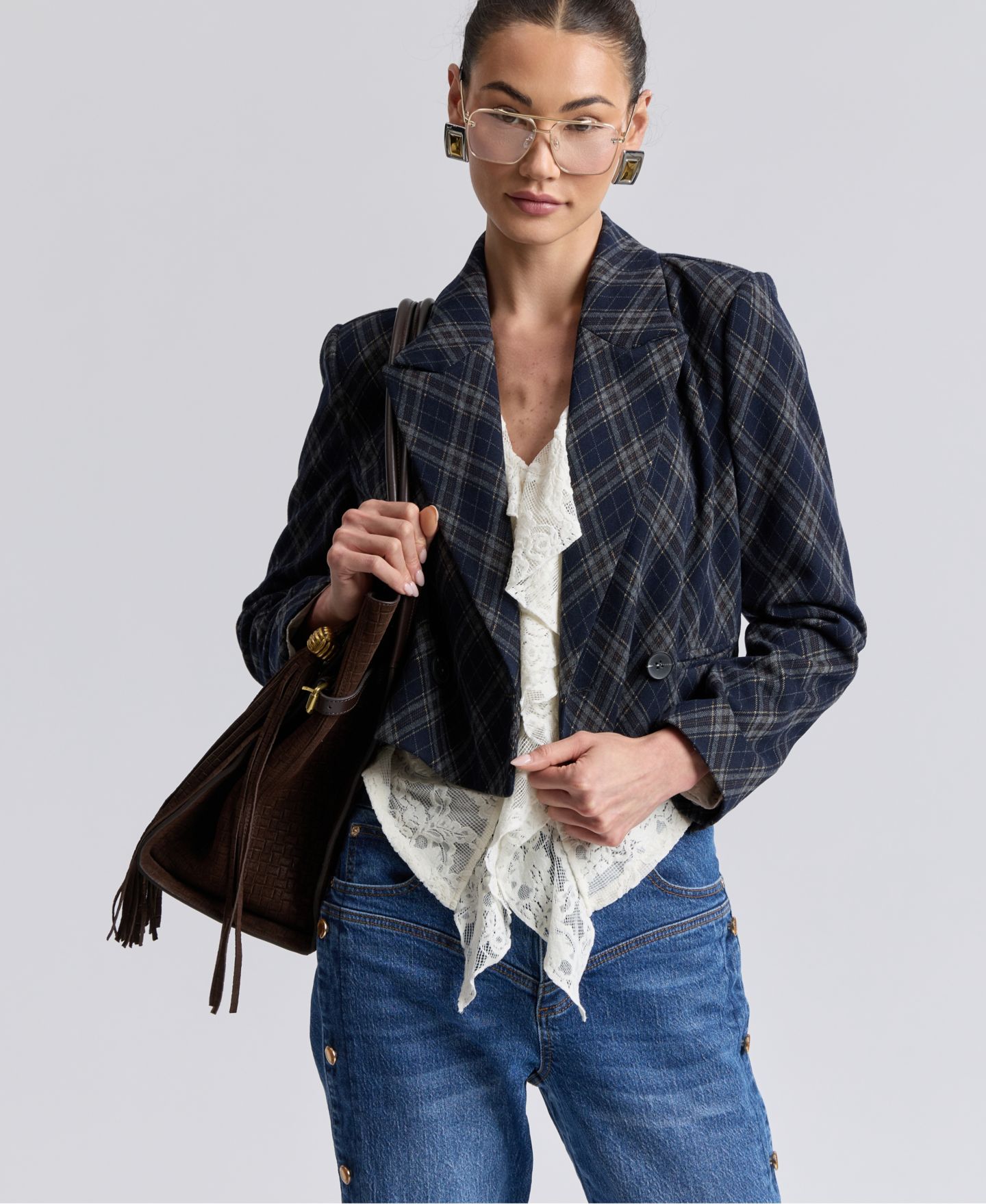 Женский пиджак Avec Les Filles Cropped Double-Breasted Blazer, цвет: Тёмно-синий клетчатый с ромбами — фото 4