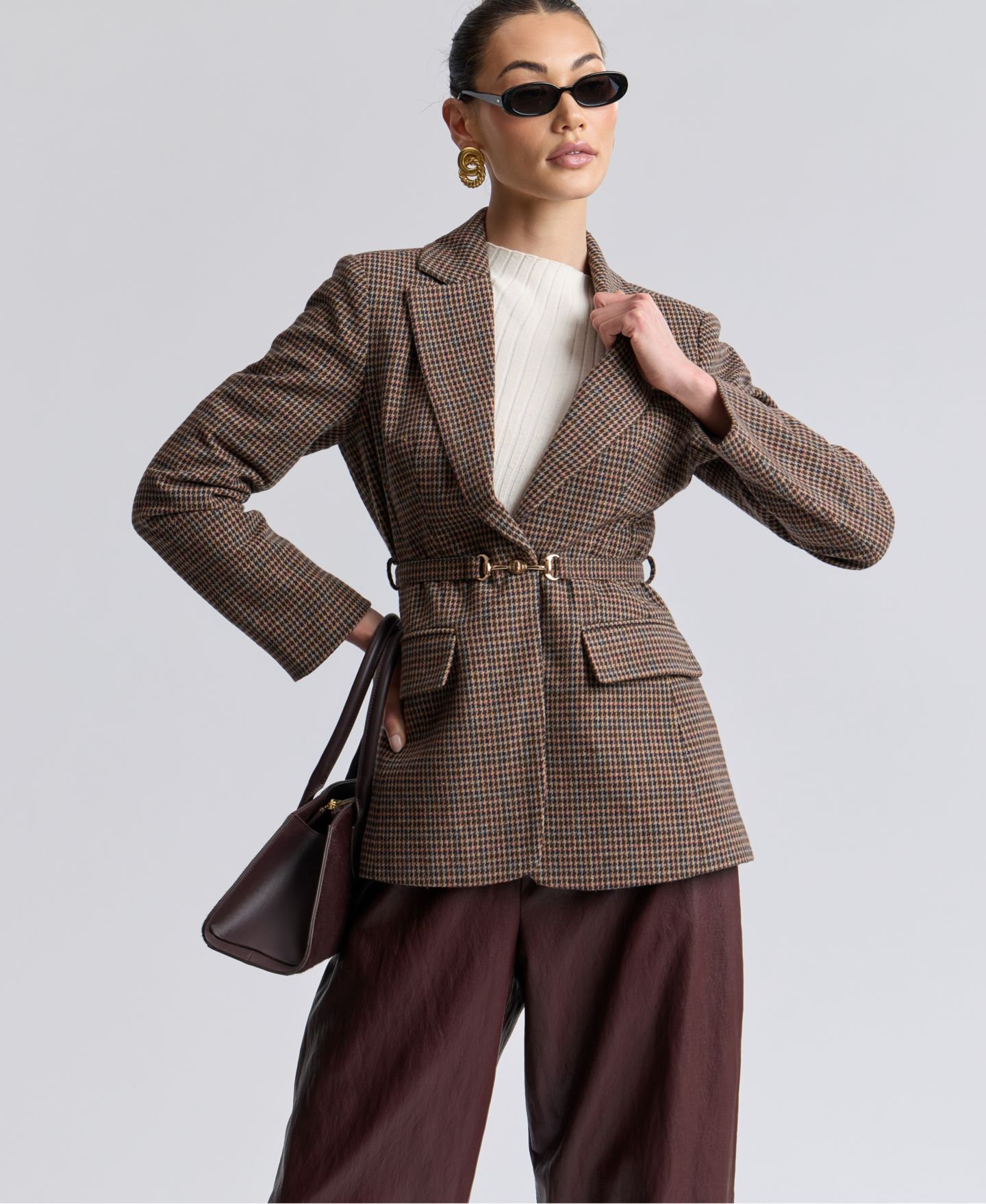 Женский пиджак Avec Les Filles Notch Lapel Collar Belted Blazer, цвет: Коричневый разноцветный — фото 7