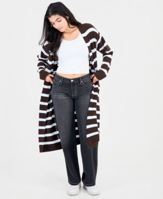 Juniors' Striped Open-Front Duster Cardigan