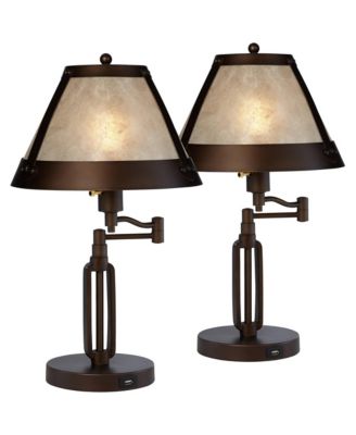 Samuel Industrial Desk Lamps 21 1/4" High Set of 2 Bronze Swing Arm with USB Charging Port Natural Mica Shade for Living Room Home