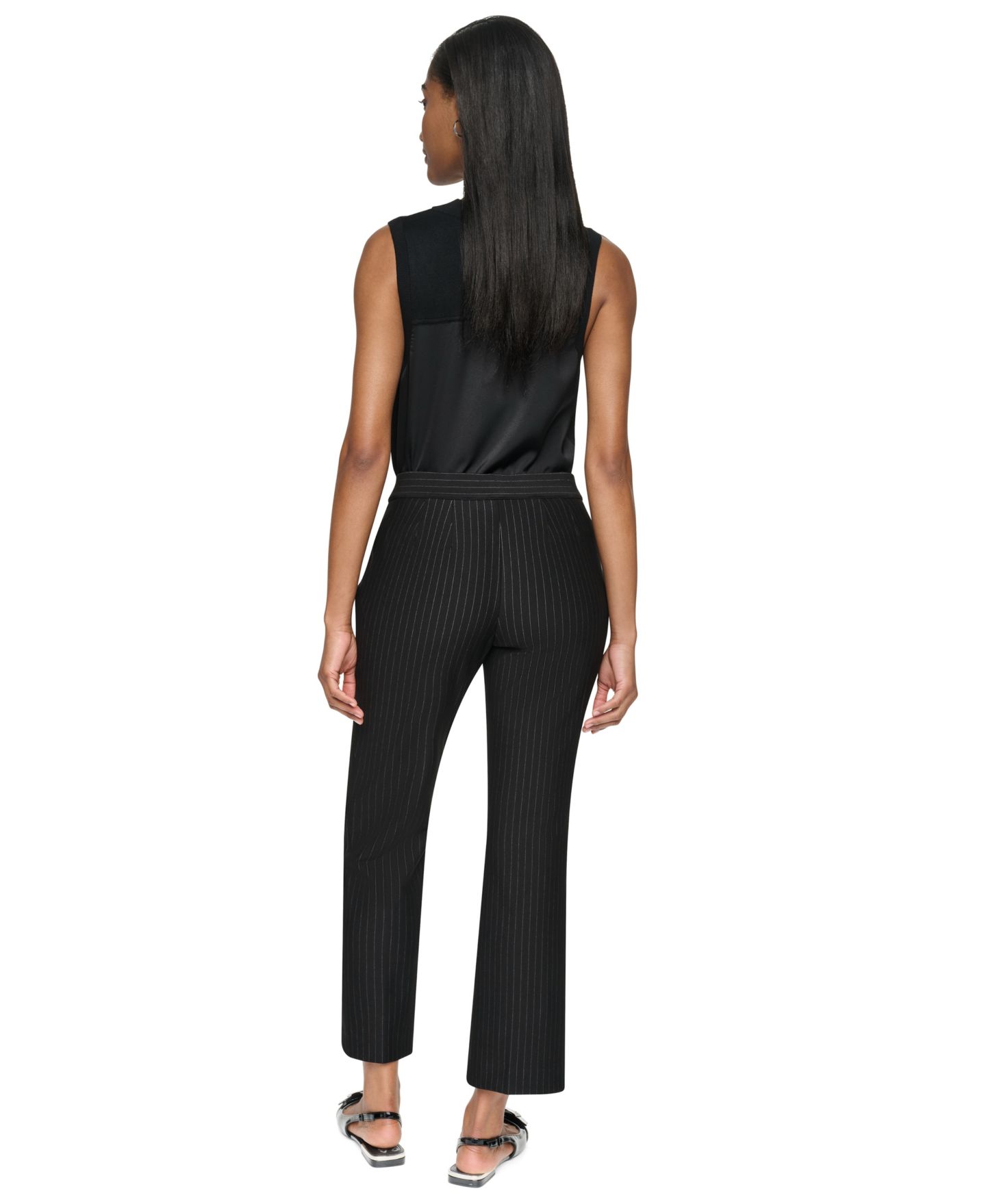 Женские брюки DKNY Petite Pinstripe Ponte High-Rise Front-Zip, цвет: Чёрный — фото 5
