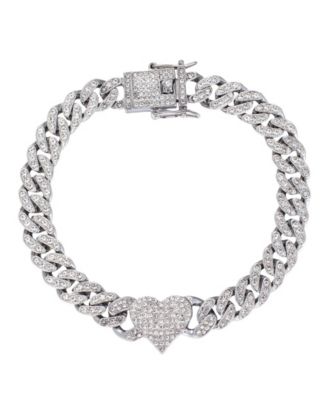 Silver Cubic Zirconia Chunky Heart Curb Chain Anklet